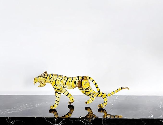 WitnyStore Tiny 8" Long Yellow Black Walking Tiger Roaring Figurine - Miniature Hand Blown Painted Glass Panthera Wild Cat Small Crystal Wildlife Animals Decorative Collectible Figurines Décor Gifts