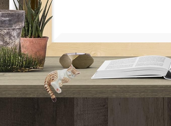 WitnyStore Tiny 1½" White Brown Tabby Shorthair Cat Sleeping Tail Hang Off Figurine - Miniature Hand Made Ceramic Cats Kitten Feline Animals Cute Porcelain Decorative Collectible Figures Décor Gifts