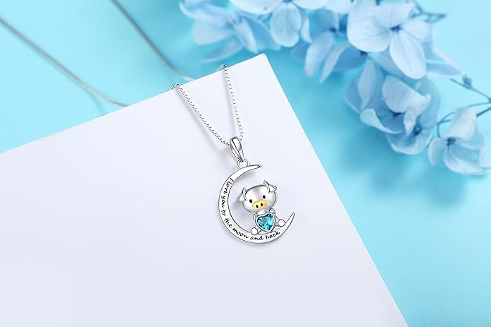 925 Sterling Silver Pig/Koala/Frog/Cat Horse Necklace I Love You to the Moon and Back Cute Animal Love Heart Moon Pendant Necklaces Jewelry Birthday Gifts for Women Best Friends