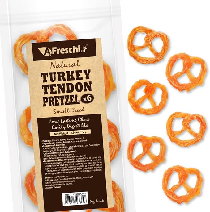 AFreschi Turkey Tendons for Dogs, USA-Sourced, Healthy Dog Treats, Rawhide-Free Puppy Chews, Long Lasting, All Natural, Hypoallergenic Dog Treats for Small Breeds, 6 Count Pack Pretzel (S)