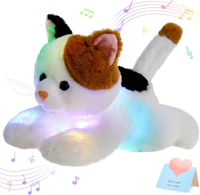 Glow Guards Light up Music Calico Cat Stuffed Animal LED Singing Kitty Soft Plush Toy Pillow with Night Lights Lullaby Birthday Children's Day Gifts for Toddler Kids, 15''