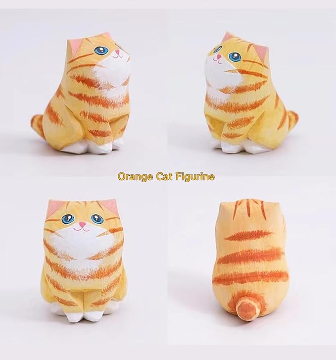 Handmade Orange Cat Figurine, Wooden Tabby Statue Craft, Cute Home Decor, Unique Figure Collectible Gift for Cat Lovers