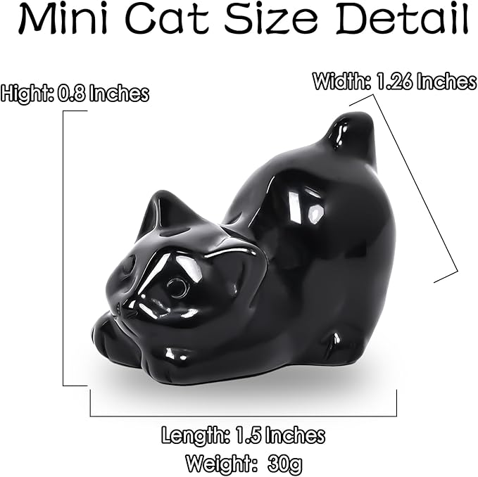 WHAL&YUNE Black Obsidian Cat 1PC, Crystal Cat Figurine, Natural Gemstone Lying Cat Ornament Hand Carved Cat Statue Cat for Cat Lovers, Gift 1.5"