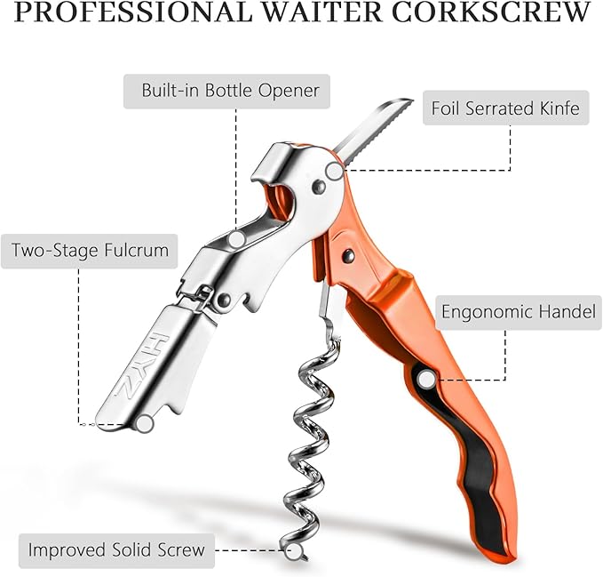 HYZ 2-Pack Wine Opener Waiter Corkscrew, Professional Wine Key for Servers, Bartender with Foil Cutter, Manual Wine Bottle Opener Double Hinged (Orange)