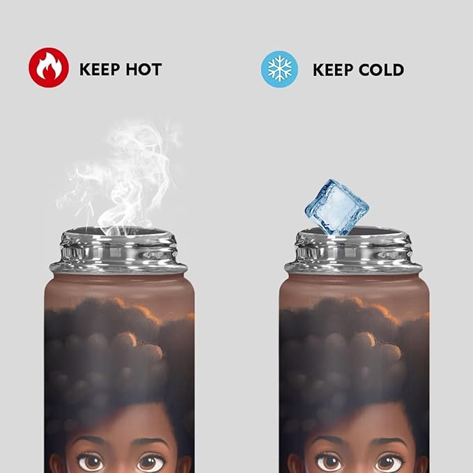 African Stainless Steel Water Bottle with Handle Vacuum Insulated Water Bottles 20 oz Metal Flask Afro American Travel Cup Coffee Mug Wide Mouth Bottle Leak Proof Reusable