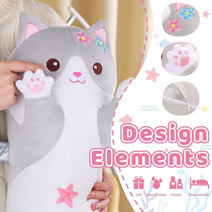AIXINI Long Cat Plush Pillow Cartoon Cute Gray Cat Stuffed Animals, Soft Kawaii Kitten Plushies Pillow Toy for Kids (Gray,19.7inch)