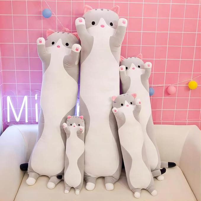 Cat Soft Plush Pillow Cute Cat Body Pillow, Long Stuffed Cat Plush Cat Stuffed Animal Toy Kitten Long Throw Pillow Gift for Kids Girlfriend(70CM,Grey)