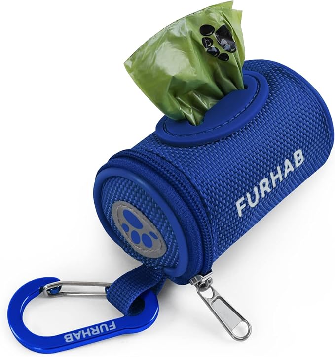 Dog Poop Bag Holder for Leash Doggie Waste Bag Dispenser Soft Fabric Puppy Potty Carrier Small Doggy Zipper Pouch with Carabiner Clip 1680D Nylon Oxford with 1 Roll of Pet Trash Bag, Royal Blue