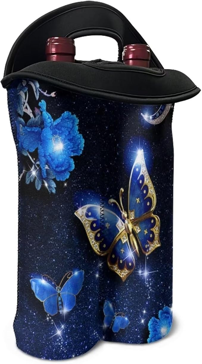 doginthehole Blue Butterfly Wine Bag with Handle Neoprene Tote Wine Champagne Beer Bags Reusable Washable Wine Carrier Portable 2 Bottle Wine Carrying Bag, Gift for Wine Lover