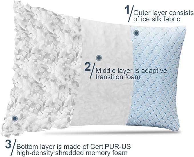 Uniqwamer Cooling Bed Pillows for Sleeping 2 Pack Shredded Memory Foam Adjustable Pillows Queen Size Set of 2 for Side Back Sleepers - Luxury Extra Comfy Gel Pillows with Washable Removable Cover