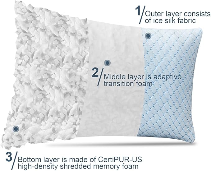 Uniqwamer Cooling Bed Pillows for Sleeping 2 Pack Shredded Memory Foam Adjustable Pillows Standard Size Set of 2 for Side Back Sleepers - Luxury Extra Comfy Gel Pillows with Washable Removable Cover