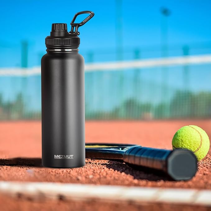 MEZMUT Insulated Water Bottle with Straw&3 Lids 40oz Stainless Steel Water Bottles Sports Metal Water Bottle Double Walled Vacuum Insulated Bottles Thermos Leak-Proof Travel Thermal (Black)