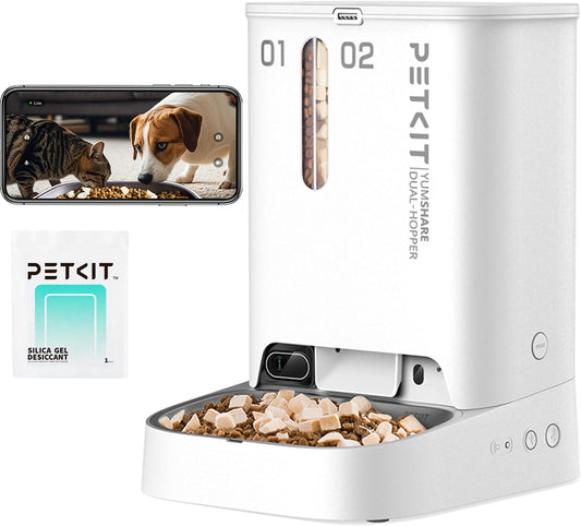 PETKIT Automatic Cat Dog Feeder with Camera, AI-Powered Motion Capturing, 1080P HD Video with Night Vision, 2.4G WiFi Pet Feeder with 2-Way Audio, Dual Hopper Pet Food Dispenser with Desiccant