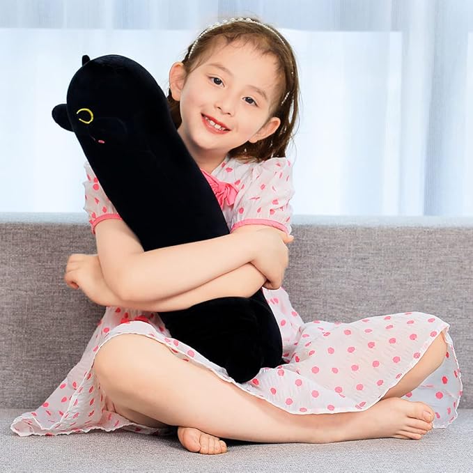 Soft Plush Cat Body Pillow, Long Stuffed Animal Toy Kitten Throw Pillow Gift for Kids, Girlfriend (70CM,Black)