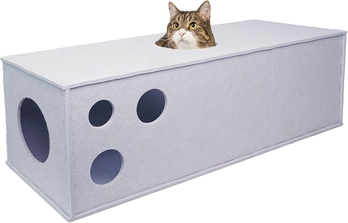 Cat Tunnel Hideaway for Indoor Cats - Soft Felt Toy with Interactive Peek Hole, Cave and Cube for Small, Medium, Large Cats