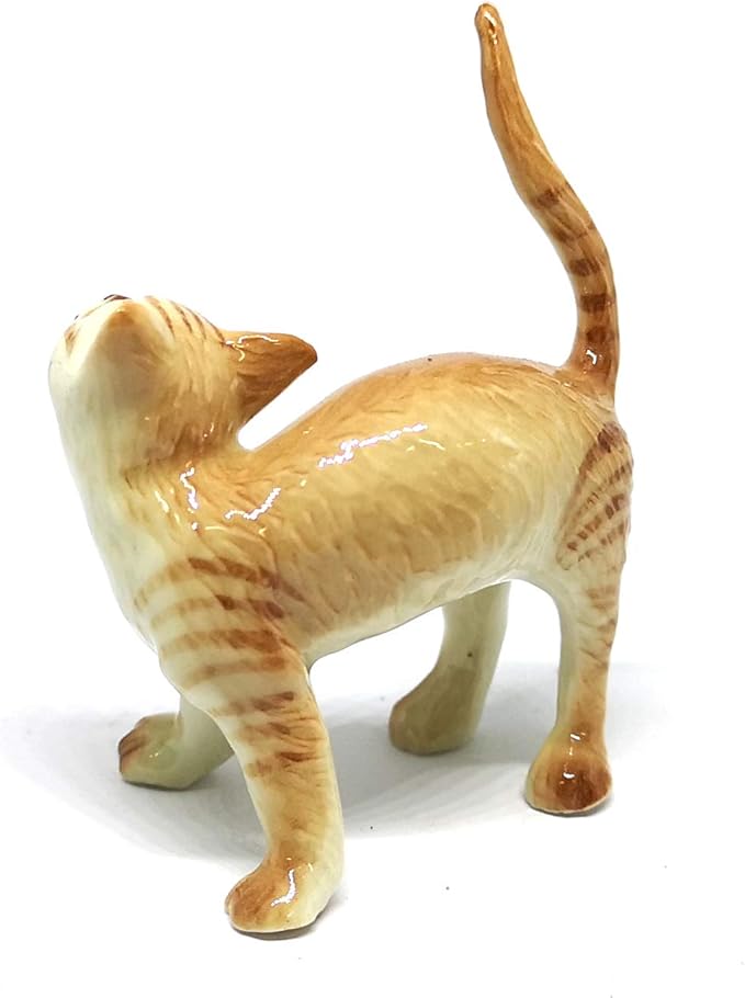 ZOOCRAFT Ceramic Cat Figurine Collectible Stretching Brown Kitty Hand Painted Animal Miniature Home Decor