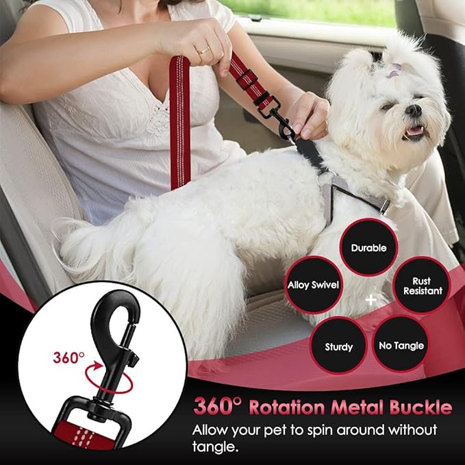 SlowTon Dog Seat Belt, Adjustable Dog Safety Belt Leash, 2 in 1 Latch Bar Attachment Dog Car Seatbelt with Elastic Nylon Bungee Buffer, Reflective Nylon Belt Tether Connect to Dog Harness (Red)