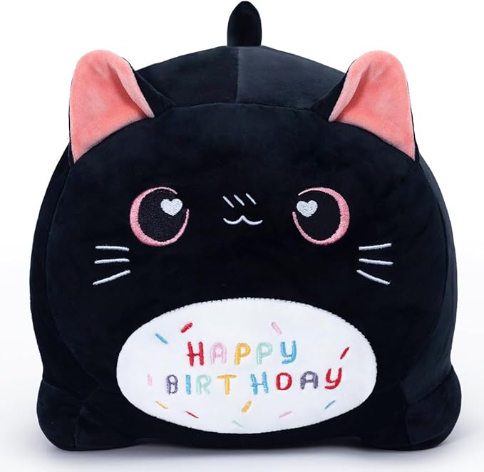 Birthday Cat Plush Pillow Stuffed Animal Toy, Black Birthday Cat Plush Stuffed Animals, Soft Cat Plush Pillow for Kids(Black Cat, 25cm/9.8inch)