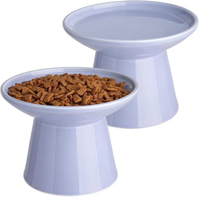 6.2 Inch Extra Wide Elevated Ceramic Cat Bowls, Food and Water Bowl Set for Elder Big Cats Small Dogs, Raised Design for Pet Easy Eating, Protect Cat's Spine Set of 2(Light Purple)