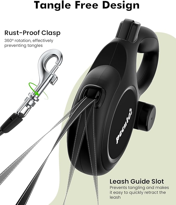 26ft Retractable Dog Leash, Heavy Duty Retractable Pet Leash with Poop Bag Holder, Anti-Slip Soft Grip, Reflective Dog Leashes for Medium Dogs Large Dogs up to 110 lbs(Black)