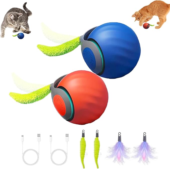 Interactive Cat Toys for Indoor Cats,Speedy Tail 2.0 Cat Toy, 2Packs and 4 Tails Speedy Tail 2.0 Automatic Moving Cat Toys Ball,Cat Toy,Two Speed Tails Adjustment (Orange + Blue)