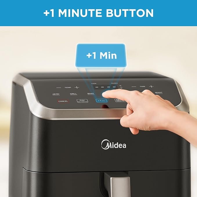 Midea Air Fryer 5.5QT, Heatexpress Rapid Air Technology, 9 Preset Menus, Quick and Easy Meals, 1 Minute Button and Favorite Function, 90% less oil, Easy to Clean, Varied Recipes