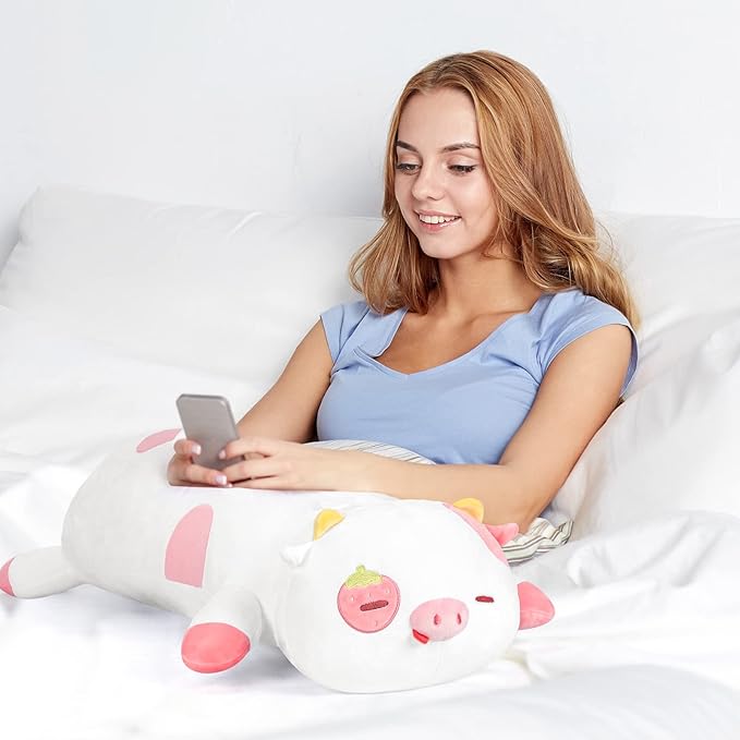 Strawberry Cow Plush Body Pillow, 25" Kawaii Cow Stuffed Animals Squishy Pillow, Cute Plushies Cuddle Pillow for Kids, Long Plush Cow Pillow Toys, Birthday Gifts for Women, Girls and Males