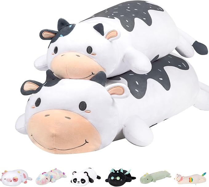 Cow Plush Body Pillow, 35" Kawaii Milk Cow Stuffed Animals Squishy, Cute Plushies Cuddle Pillow for Kids, Long Plush Toys, Birthday Gifts for Women, Girls and Males