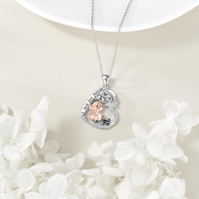 Alice in Wonderland Necklace Sterling Silver Alice Rabbit/Cat Heart Pendant I Love You Forever Jewelry Gift for Women