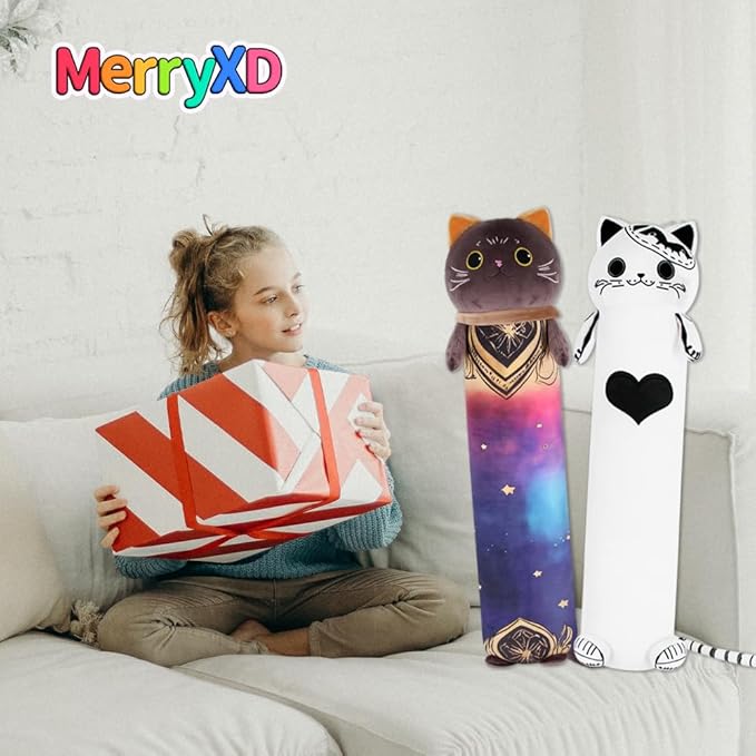 MerryXD Kawaii Long Cat Plush Body Pillow, 36”Soft Cute Black Stuffed Animals Plushies, Kids Big Doll Toys, Ideal Gifts for Cuddles,Girls,Girlfriend,Boys,Birthday,Christmas,Halloween,Valentine's Day