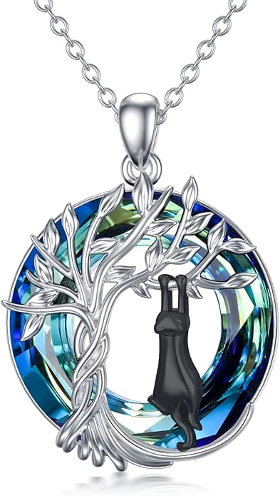 TOUPOP Cat Gifts for Cat Lovers Sterling Silver Cute Cat Tree of Life Pendant Necklace with Blue Circle Crystal Birthday Christmas Jewelry Gifts for Women