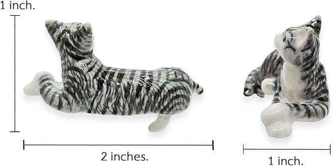 WitnyStore Tiny 2" Gray White Tabby Shorthair Cat Lying Cross Paws Hang Leg Figurine - Miniature Hand Made Ceramic Cats Kitten Feline Animal Cute Porcelain Decorative Collectible Figurines Décor Gifts