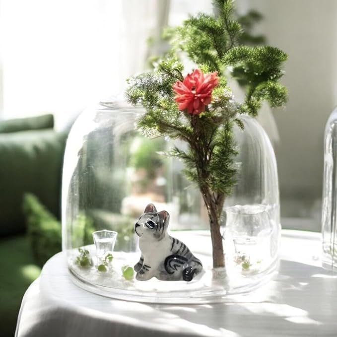 WitnyStore Tiny ½ Inch Gray White Tabby Shorthair Cat Sit Look Up Figurine - Miniature Hand Made Painted Ceramic Cats Kittens Feline Animals Cute Porcelain Decorative Collectible Figures Décor Gifts