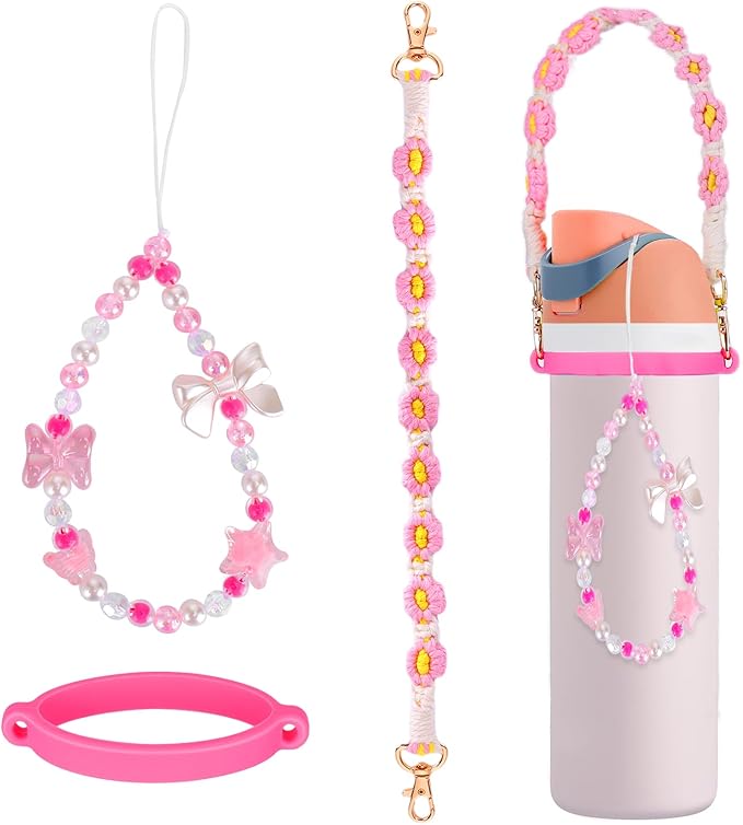 Mity rain Water Bottle Accessories Set for Owala, Including Water Bottle Handle Strap, Charms,Bohemian Style Personality and Easy to Carry (Pink, Universal (not Include Boot))