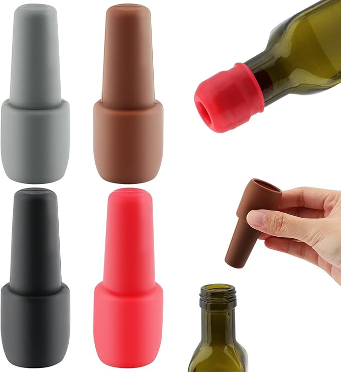 4pcs Wine Stoppers, Air Tight Flexible Beer Bottle Stopper Reusable Silicone Wine Sealer for Wine bottles Beverage Bottle Stoppers(red+black+grey+coffee)