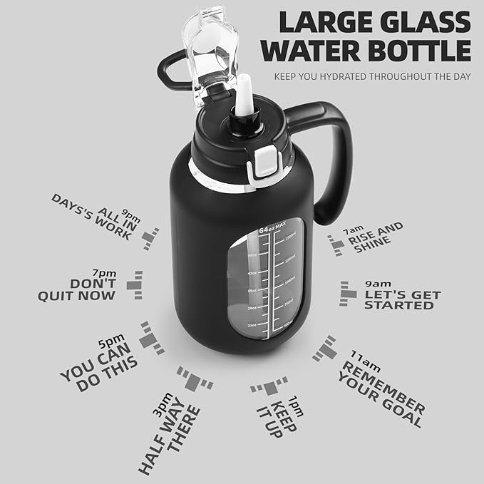 64 oz Glass Water Bolttles Half Gallon Large Motivational Water Bottle with Time Marker Sports Water Bottles with Silicone Sleeve and Handle Lid Water Jug for Gym Workout-1 Pack