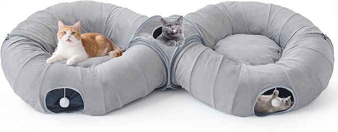 Pawaboo 2-in-1 Cat Tunnel Bed for Indoor Cats, 8-Shaped Large Cat Tunnels with Plush Cushions, Foldable Cats Cave Hideout Kitty Toys with Fluffy Balls, Donut Tunnel for Kitten Rabbit Ferret, Grey