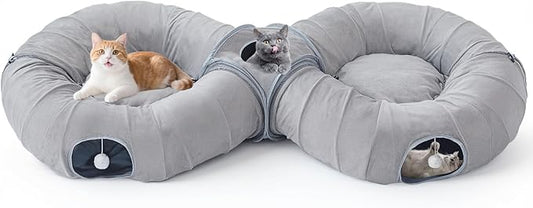 Pawaboo 2-in-1 Cat Tunnel Bed for Indoor Cats, 8-Shaped Large Cat Tunnels with Plush Cushions, Foldable Cats Cave Hideout Kitty Toys with Fluffy Balls, Donut Tunnel for Kitten Rabbit Ferret, Grey