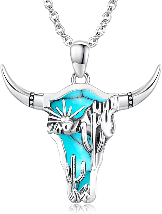 Midir&Etain Western Necklace 925 Sterling Silver Turquoise Pendant Cow Skull/Hat/Tag/Cactus Cowgirl Country Jewelry for Women Men