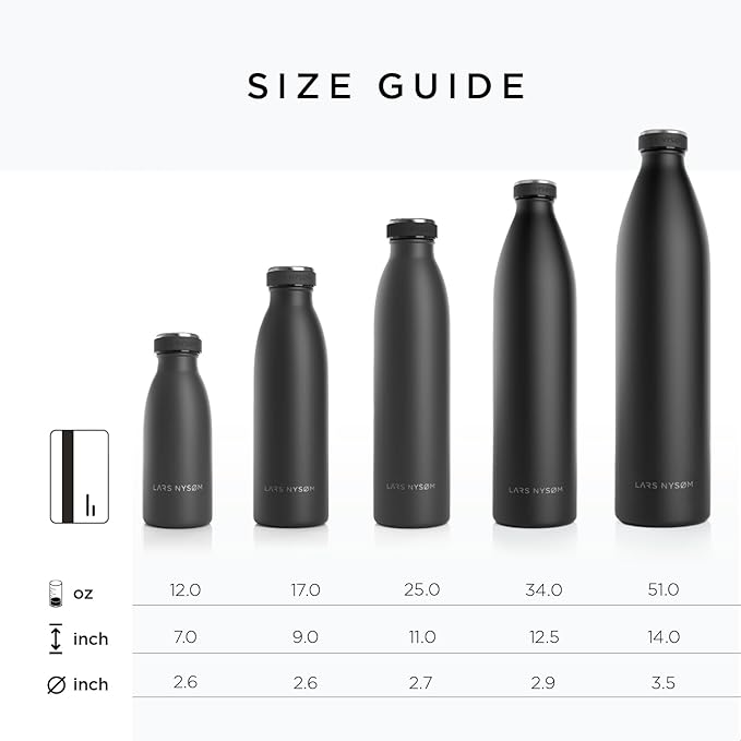 LARS NYSØM Stainless Steel Insulated XL Water Bottle 12oz 17oz 25oz 34oz 51oz | BPA-free Insulated Thermo Flask for Hot and Cold Beverages | Leakproof Large Drinking Bottle (Onyx Black, 51oz)