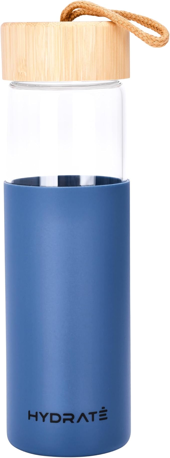 HYDRATE Glass Water Bottle, 25 oz - Gym Drinking Bottles with Slip Resistant Silicone Sleeve and Leak Proof Bamboo Lid - Clear Sports Bottle Made of Borosilicate Glass (10 x 3 inches, Blue)