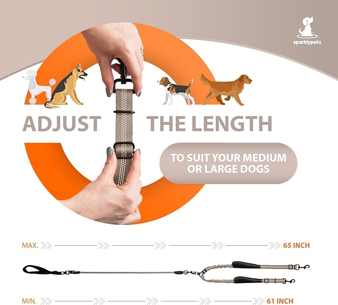 SparklyPets Double Dog Leash for 2 Dogs – Rope Bungee Dual Leash for Medium and Large Breeds with Padded Handles & Tangle Free (Brown, Medium/Large)