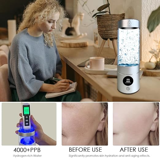 Hydrogen Water Glass Bottle 4000+PPB, 4th Gen Hydrogen Water Generator Bottle with SPE PEM Technology Water Ionizer 5Min Quick Electrolysis, Hydrogen Rich Water Machine (9.5oz Silver)