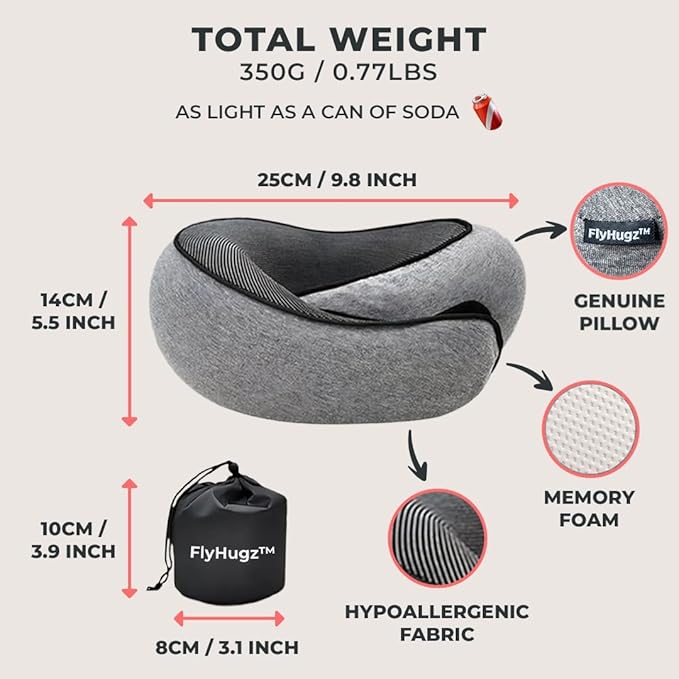 FlyHugz™ Neck Travel Pillow | Memory Foam Neck Pillow for Comfort on Airplane | Compact and Ergonomic Design for Travel, Car Rides, and Home Use | Ideal for Adults and Kids