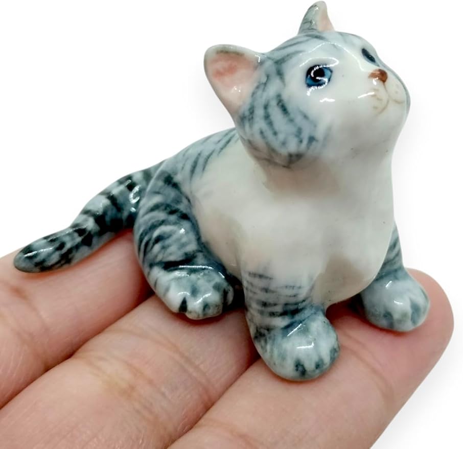 WitnyStore Tiny 1½" Gray White Tabby Shorthair Cat Sitting Look Up Figurine - Miniature Hand Made Painted Ceramic Cats Kitten Feline Animals Cute Porcelain Decorative Collectible Figures Décor Gifts