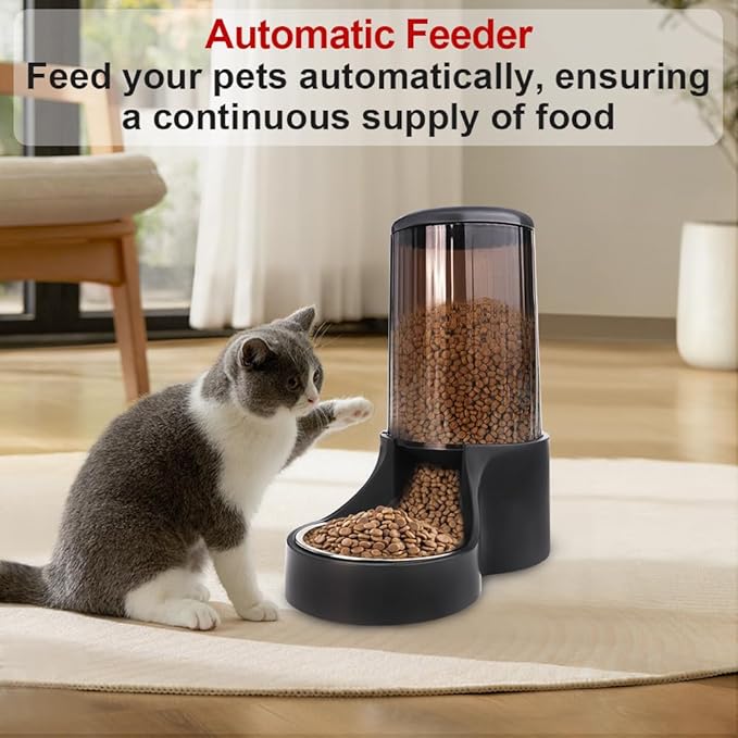 Automatic Cat Feeder, 3.8L Large Gravity Cat Food Dispenser with Detachable Top Lid, Visible Bottle and Stainless Steel Bowl for Pets (Full Black)
