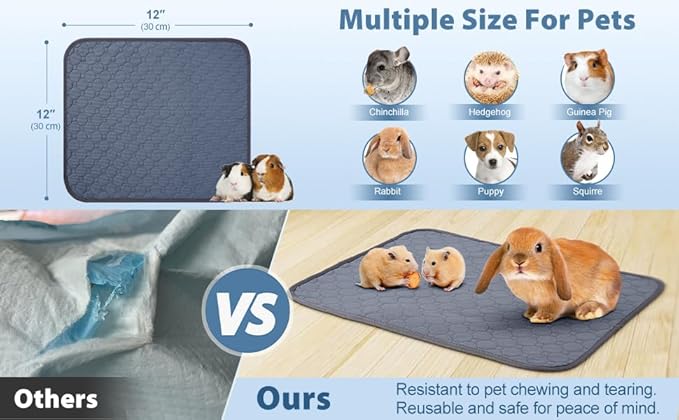 4 Pack 12" x 12" Guinea Pig Cage Liner, Washable Reusable Guinea Pig Bedding, Waterproof Absorbent Guinea Pig Pee Pad Non-Slip Mat for Small Animals Rabbit Hamster Rat Chinchilla