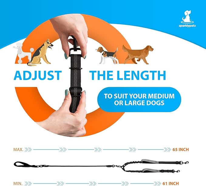 SparklyPets Double Dog Leash for 2 Dogs – Rope Bungee Dual Leash for Medium and Large Breeds with Padded Handles & Tangle Free (Black, Medium/Large)