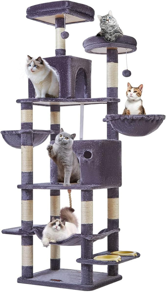 Taoqimiao 76-Inch Cat Tree Cat Tower for Indoor Cats, Plush Multi-Level Cat Condo with 12 Scratching Posts, 2 Perches, 2 Caves, Hammock, 2 Pompoms MS016G Smoky Gray