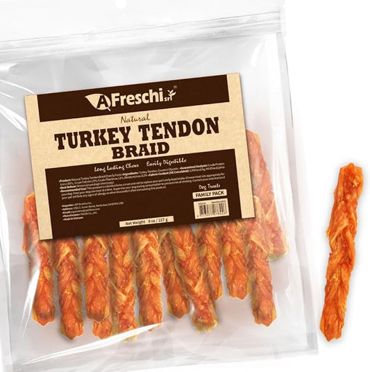 AFreschi Turkey Tendons for Dogs, USA-Sourced, Healthy Dog Treats, Rawhide-Free Puppy Chews, Long Lasting, All Natural, Hypoallergenic Dog Treats for Medium Breeds, 8 oz Pack Braid (M)